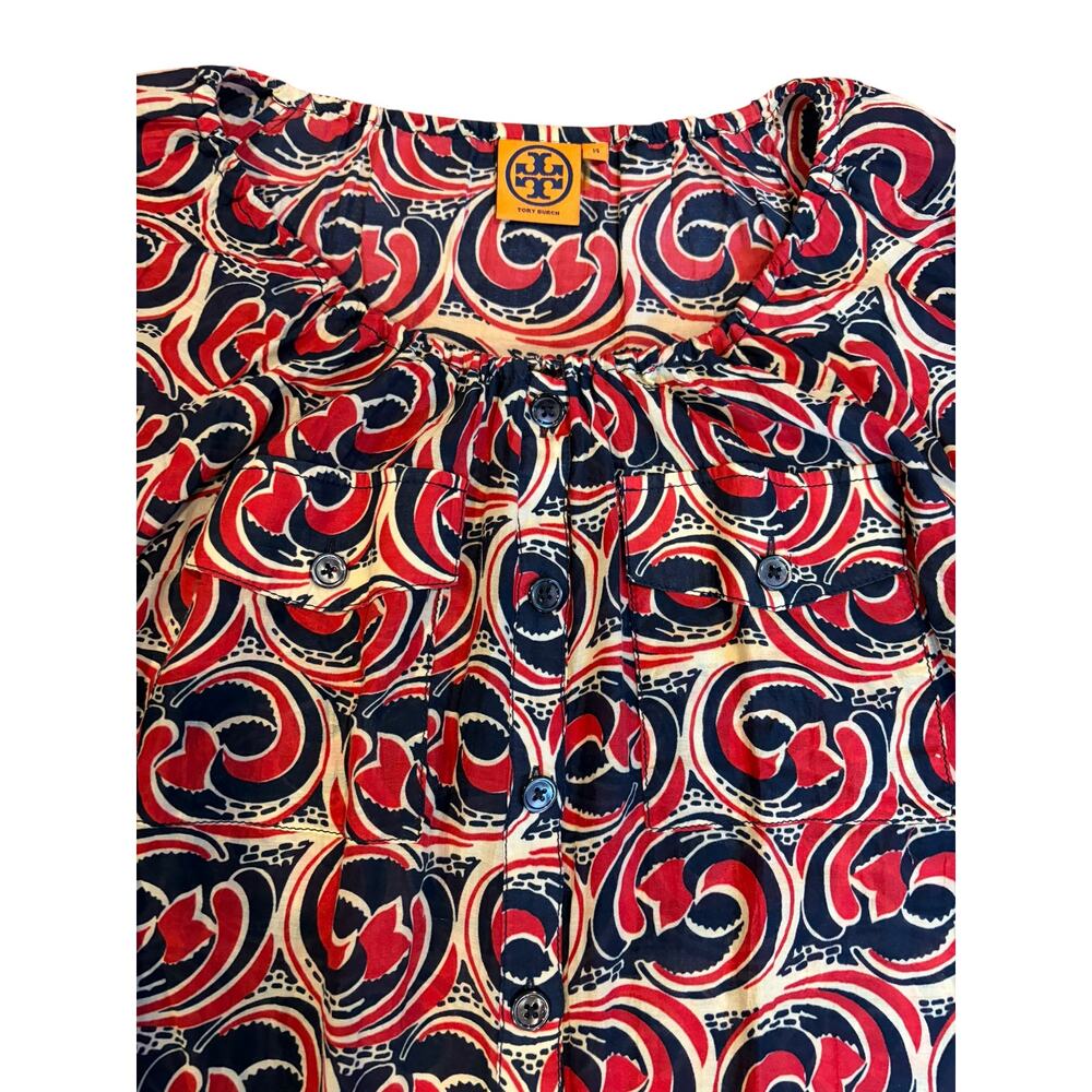 TORY BURCH Women's Abstract Button Down Blouse Sz 14 Red Blue Cotton Silk Blend - Picture 5 of 9
